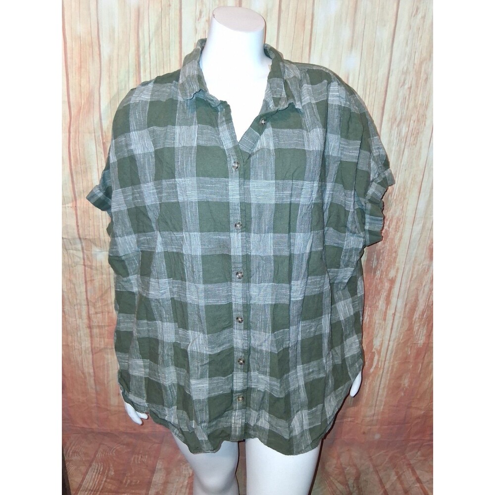Time & Tru Olive Plaid Short Sleeve Button Up Blouse Sz XXXL